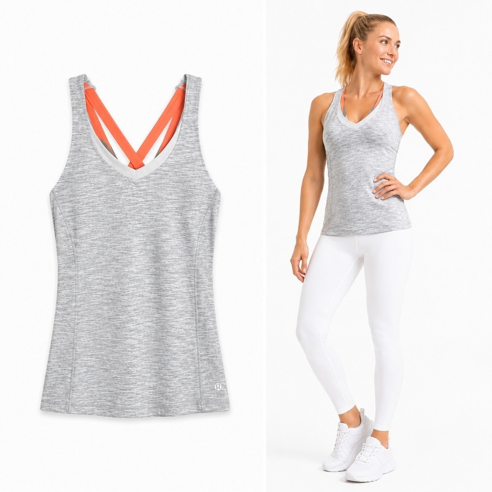 Lululemon Women's 6 Tank Top Light Gray Orange Criss Cross Back Fitted Stretch